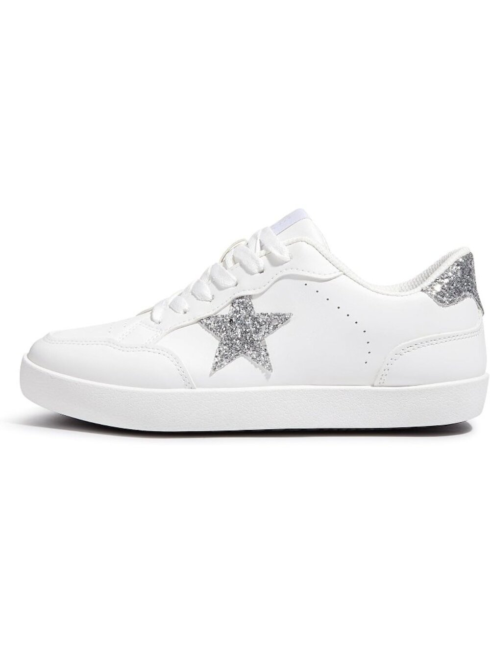 Women's White/Silver Glitter Sequins Lace-Up Low Top Fashion Star Sneakers